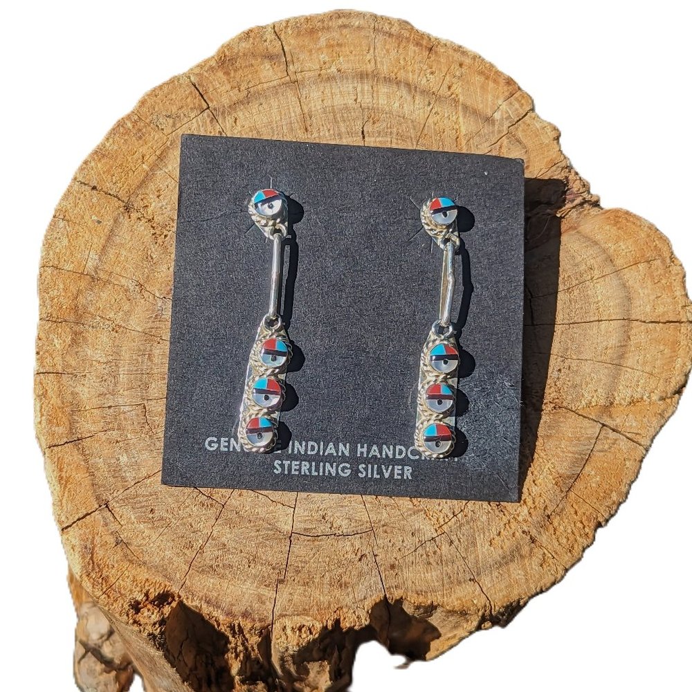 Authentic Zuni Sun Face Inlay Dangle Earrings Handmade Native American Jewelry** - Picture 3 of 9